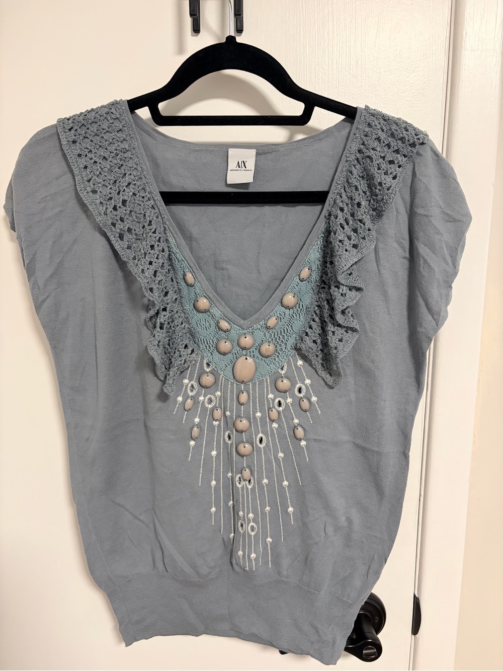 Armani Exchange Pale Blue Crochet-Trim V-Neck Blouse with Bead Detail